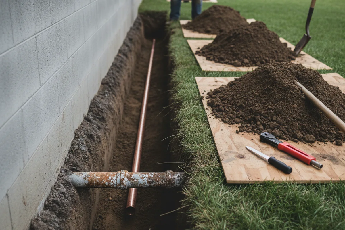 Excavated water line trench during Sewer Line Repair in Seffner